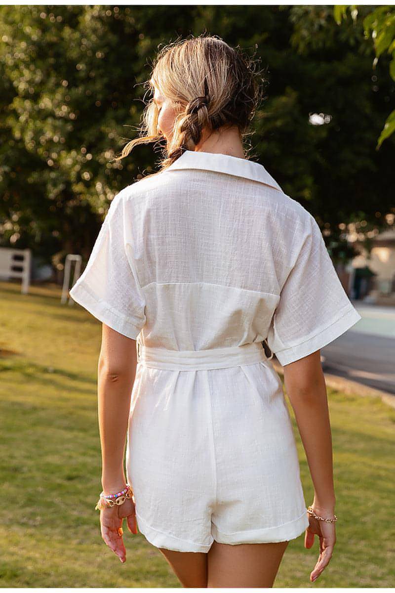 Tailored Lapel Jumpsuit with Waist Tie – Short Sleeve