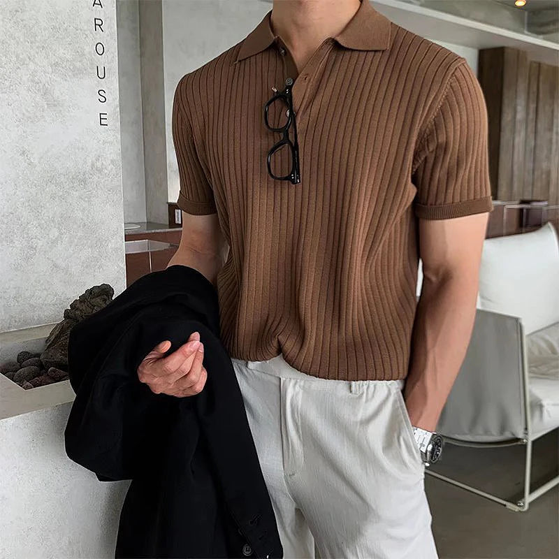 Heren Retro Gestreept Gebreid Poloshirt met Kraag
