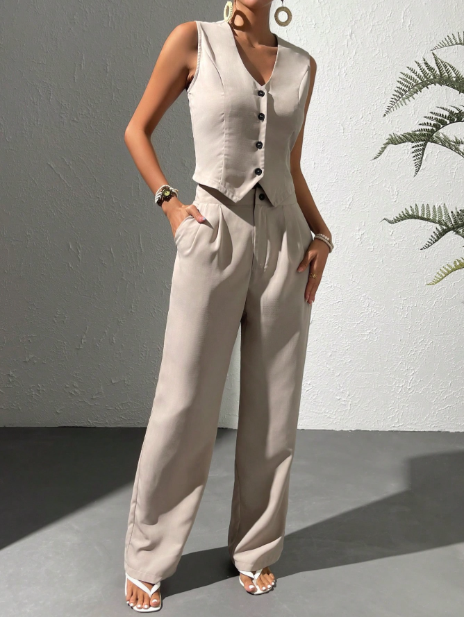 Tailored Sleeveless Vest & Wide-Leg Trousers Set