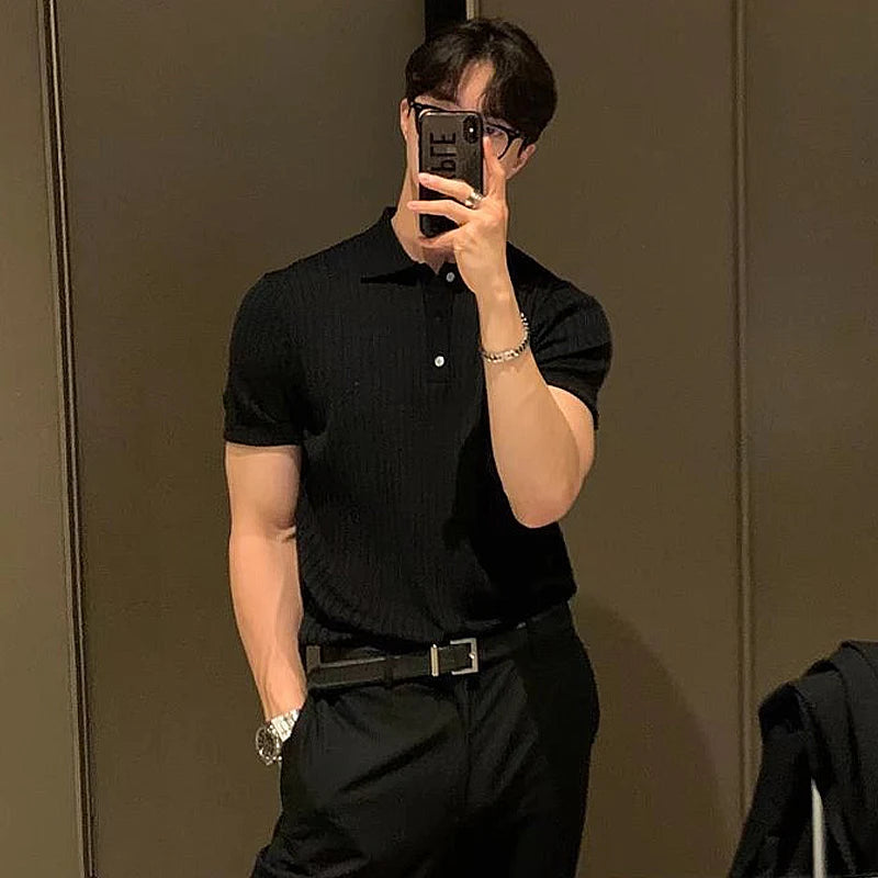 Heren Retro Gestreept Gebreid Poloshirt met Kraag