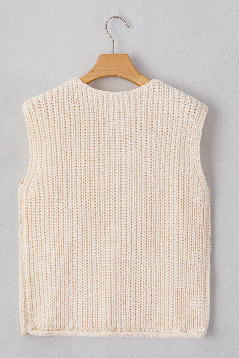White Textured Knit Sweater Vest with Pockets