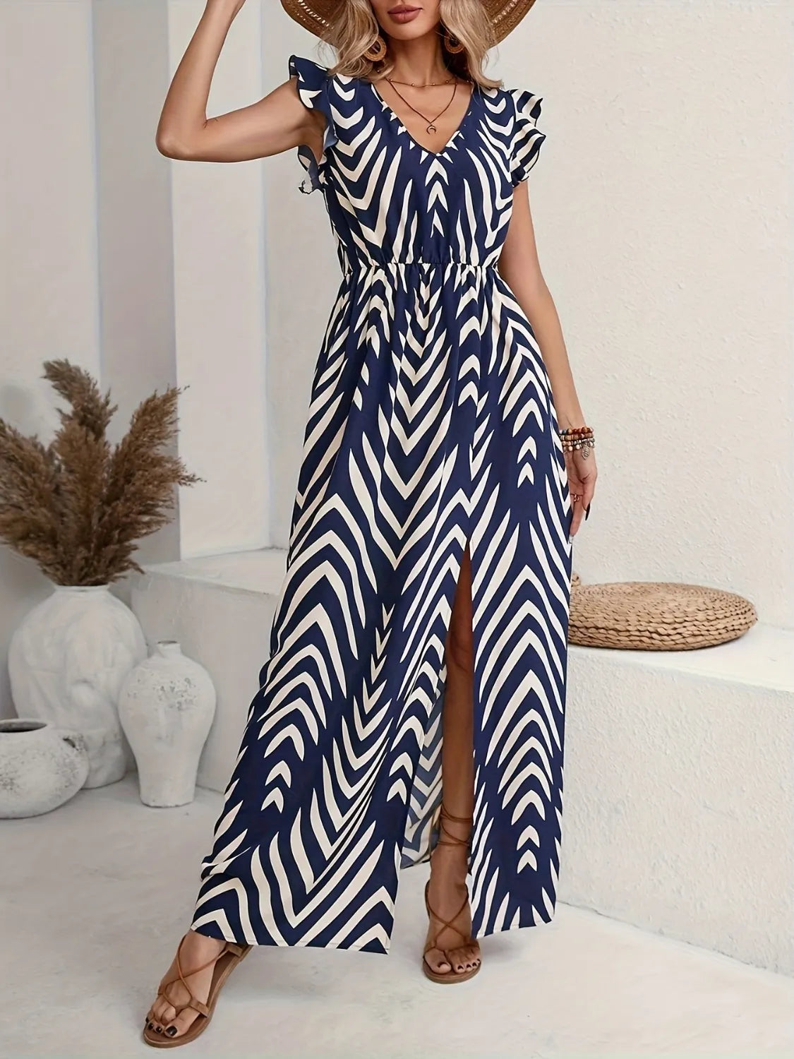Printed V-Neck Cap Sleeve Maxi Dress