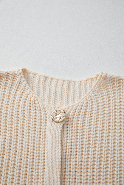 White Textured Knit Sweater Vest with Pockets