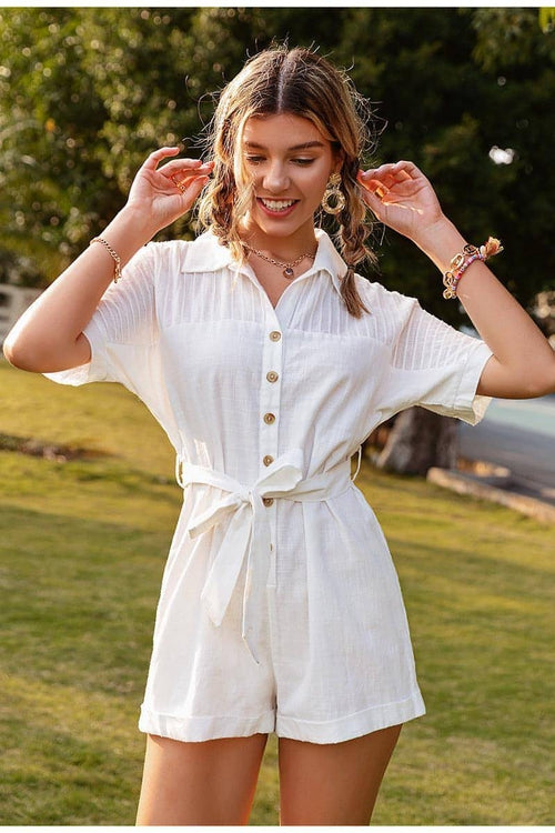 Tailored Lapel Jumpsuit with Waist Tie – Short Sleeve