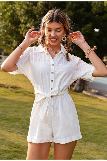 Tailored Lapel Jumpsuit with Waist Tie – Short Sleeve