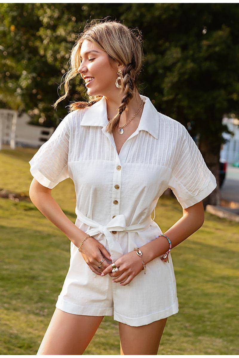 Tailored Lapel Jumpsuit with Waist Tie – Short Sleeve
