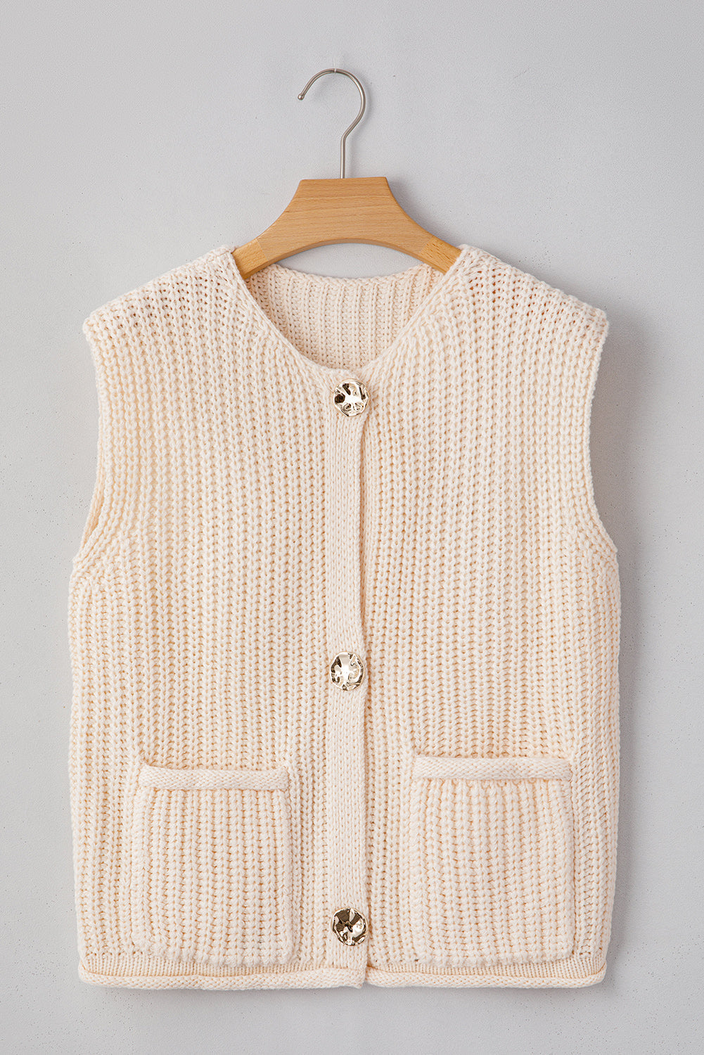 White Textured Knit Sweater Vest with Pockets