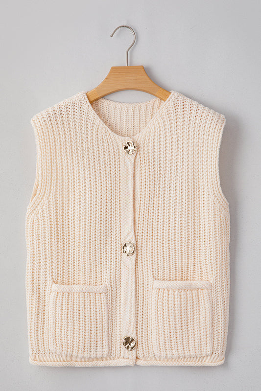 White Textured Knit Sweater Vest with Pockets