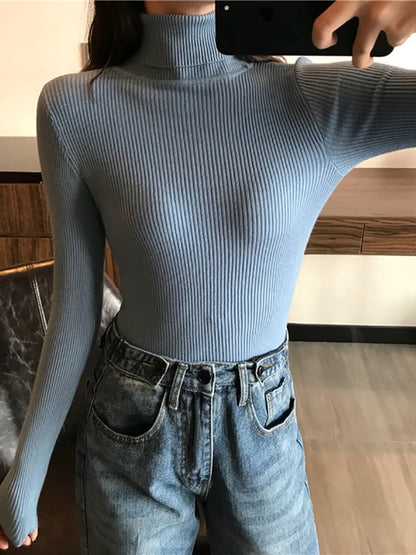 Autumn Winter Thick Sweater Women Knitted Ribbed Pullover Sweater