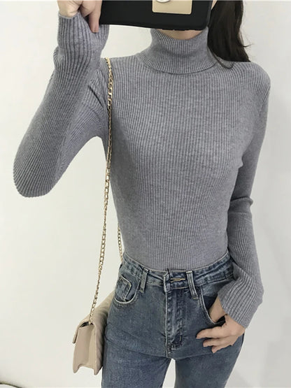 Autumn Winter Thick Sweater Women Knitted Ribbed Pullover Sweater