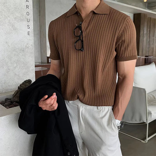Heren Retro Gestreept Gebreid Poloshirt met Kraag