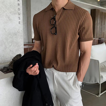 Heren Retro Gestreept Gebreid Poloshirt met Kraag