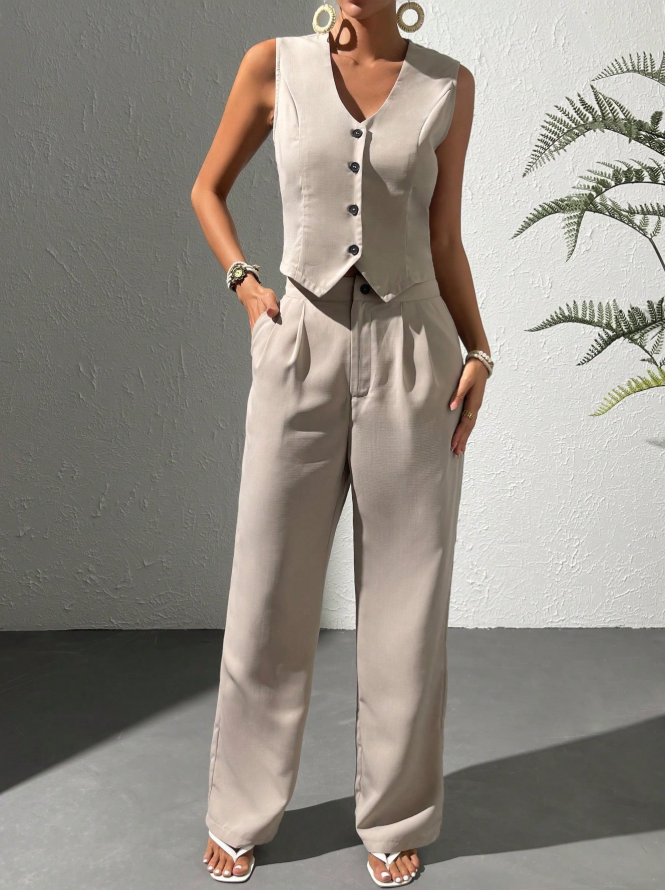 Tailored Sleeveless Vest & Wide-Leg Trousers Set