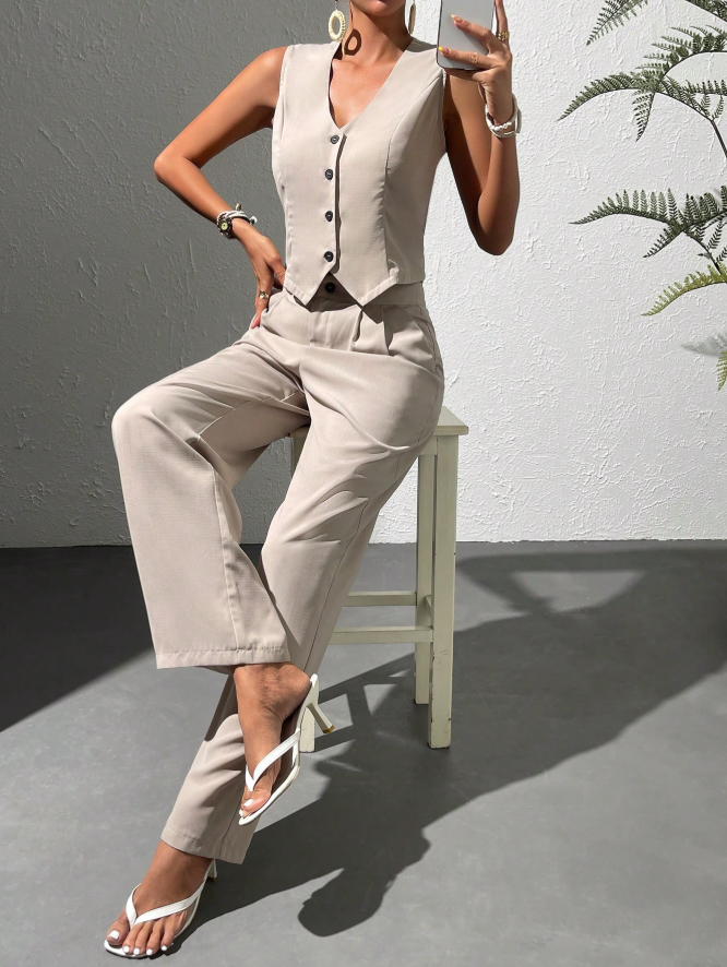 Tailored Sleeveless Vest & Wide-Leg Trousers Set