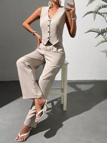 Tailored Sleeveless Vest & Wide-Leg Trousers Set