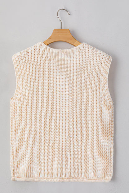 White Textured Knit Sweater Vest with Pockets