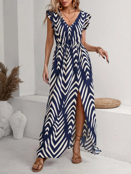 Printed V-Neck Cap Sleeve Maxi Dress