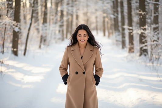 Beige jas in winterbos