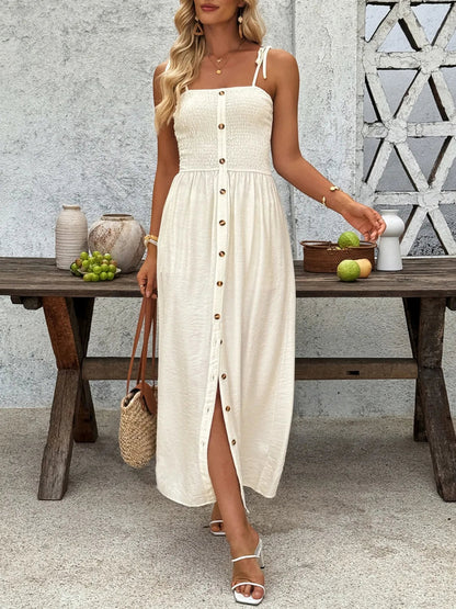 Smocked Button Front Tie Shoulder Dress