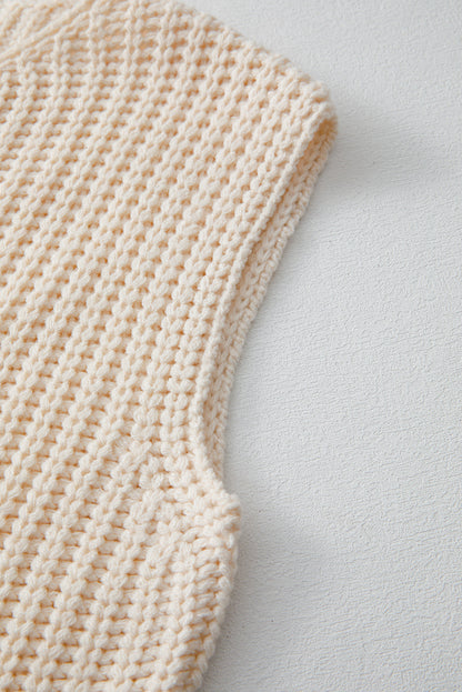 White Textured Knit Sweater Vest with Pockets