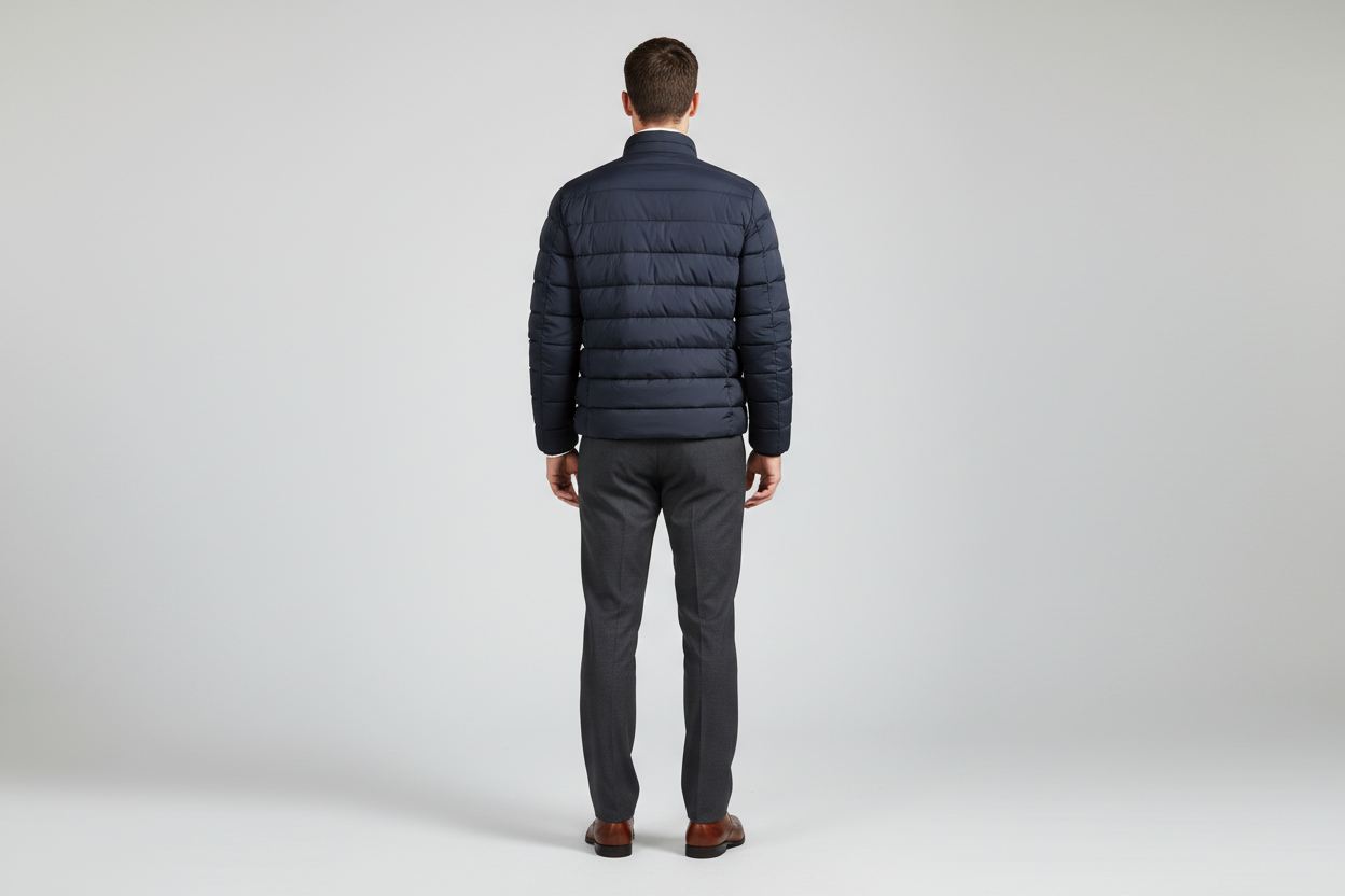 Donkerblauwe puffer jacket achterkant