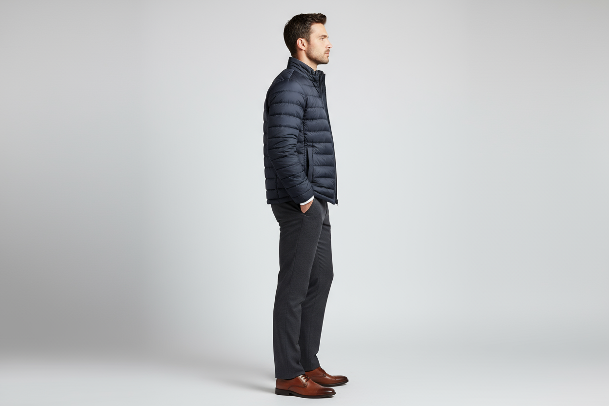 Donkerblauwe puffer jacket zijkant