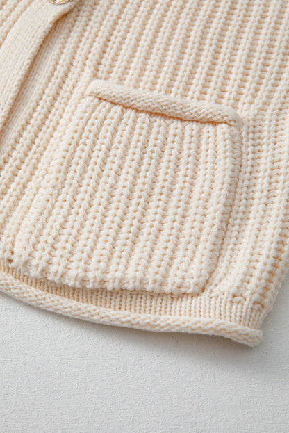 White Textured Knit Sweater Vest with Pockets