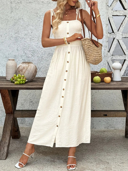 Smocked Button Front Tie Shoulder Dress