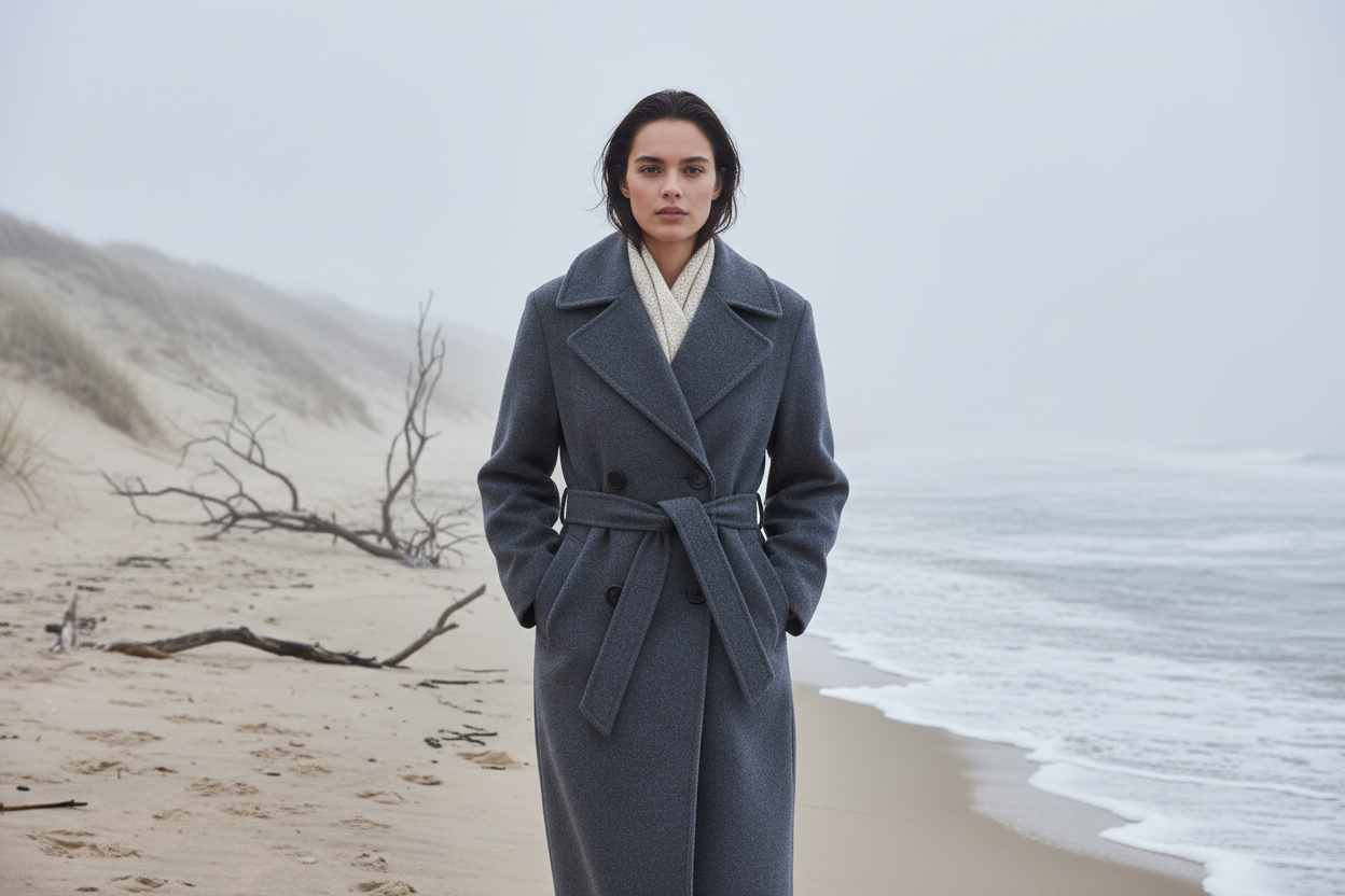 Grijze jas op winterstrand