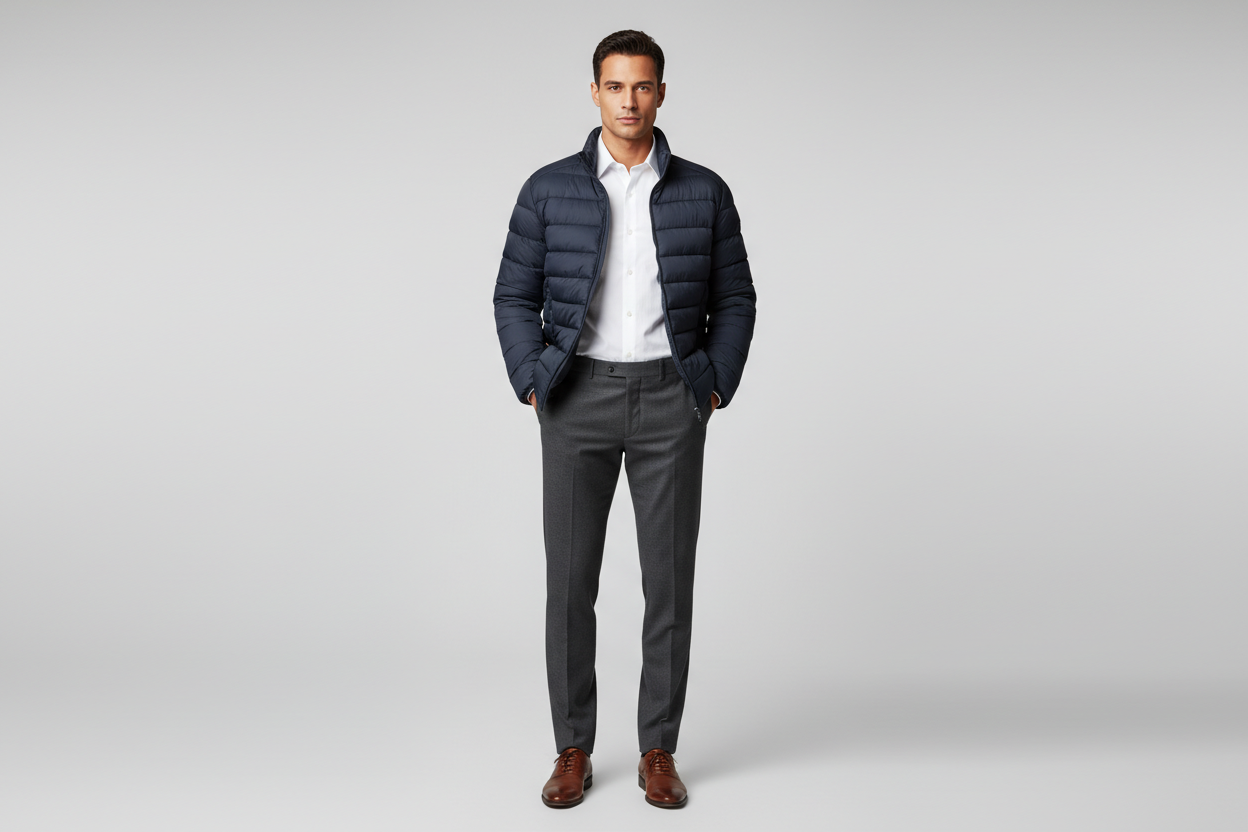 Lifestyle foto donkerblauwe puffer jacket met gezicht