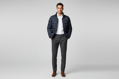 Lifestyle foto donkerblauwe puffer jacket met gezicht