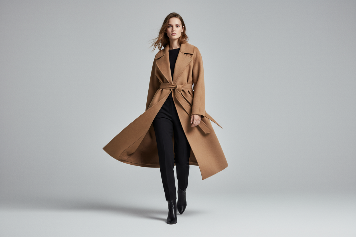 Model lopend in camel coat - dynamisch