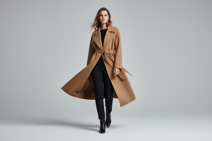 Model lopend in camel coat - dynamisch