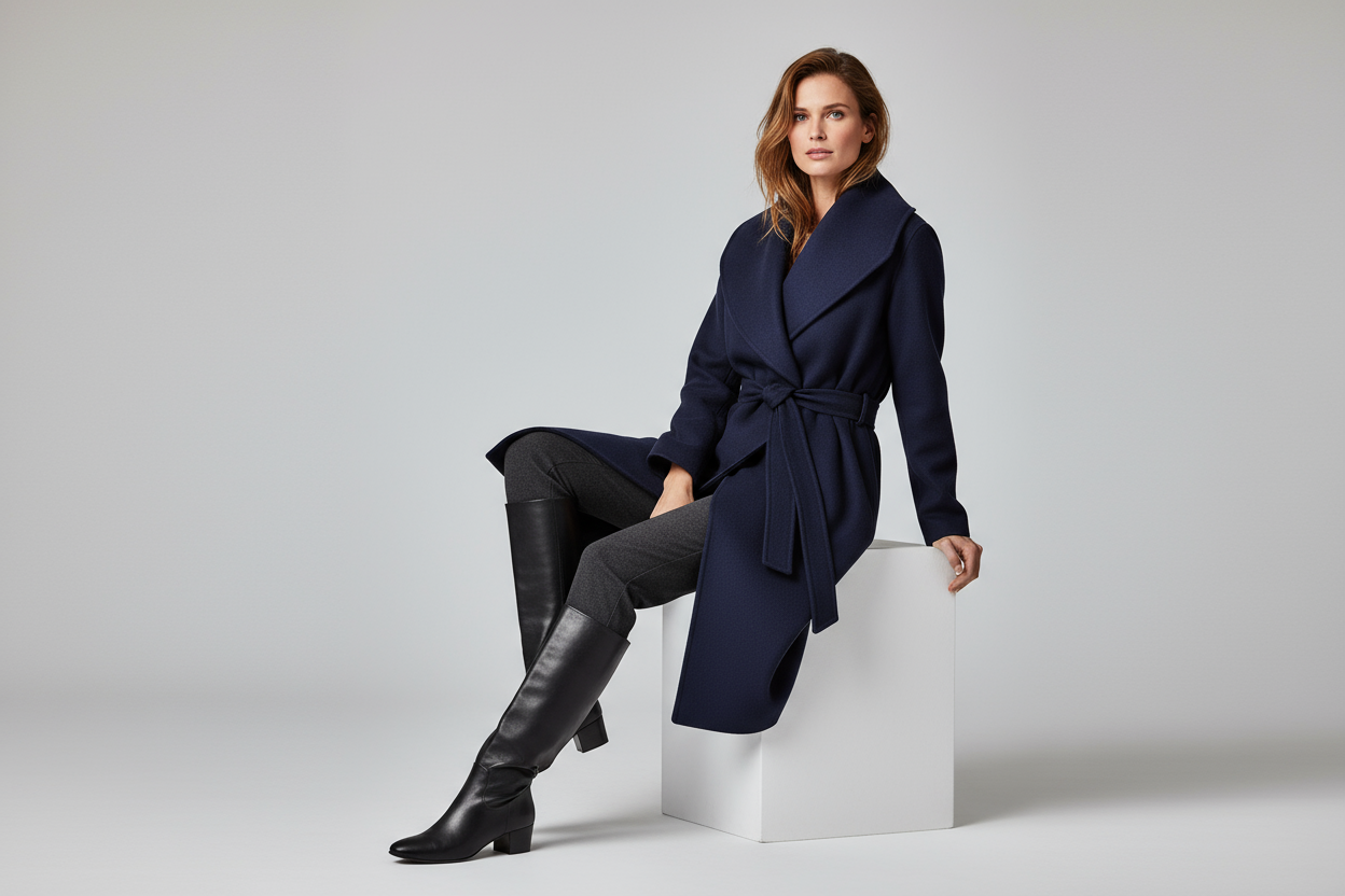 Model zittend in navy coat - elegant relaxed