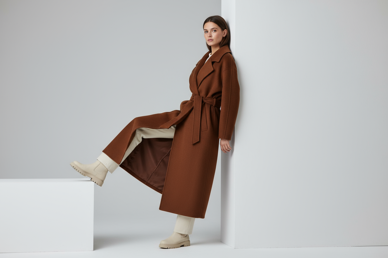 Realistische foto - bruine coat leunend casual