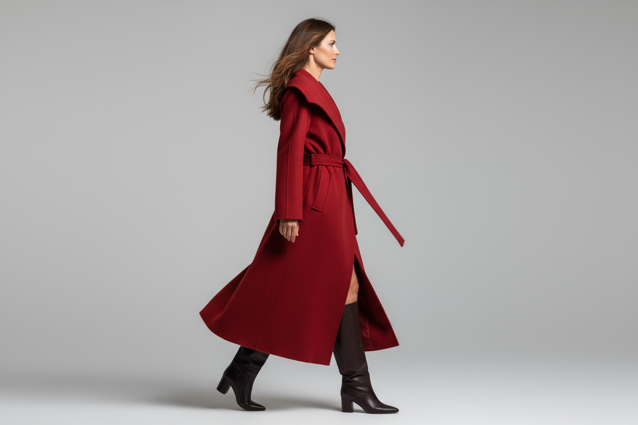 Realistische foto - rode coat zijkant lopend
