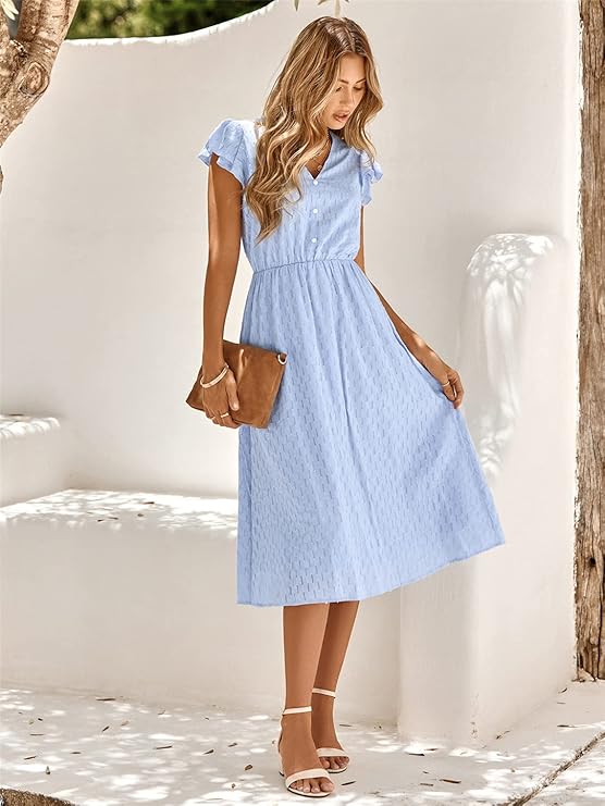 Luchtige Zomerjurk met Elegante V-hals en Subtiele Ruches