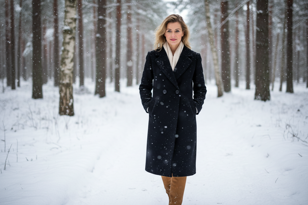 Zwarte jas in sneeuwbos