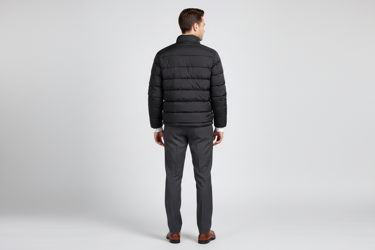 Zwarte puffer jacket achterkant