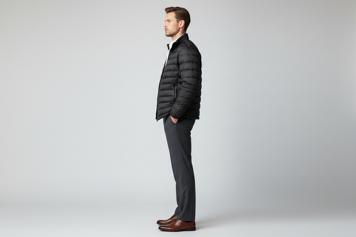 Zwarte puffer jacket zijkant